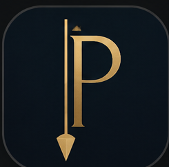 Plumbline app mark: a gold P formed with a plumb line inside a rounded navy square.