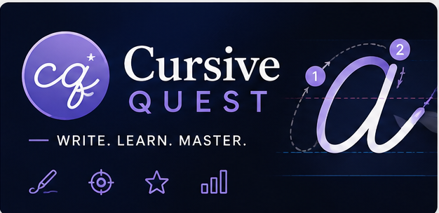 Cursive Quest thumbnail: the Cursive Quest mark and wordmark with a traced cursive letter a and the four experience icons.