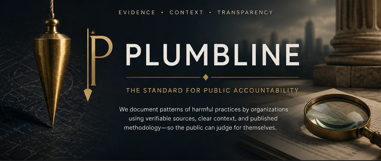 Plumbline hero artwork: a brass plumb bob beside the Plumbline wordmark on a dark navy field, with the line Evidence · Context · Transparency and the tagline The Standard for Public Accountability.